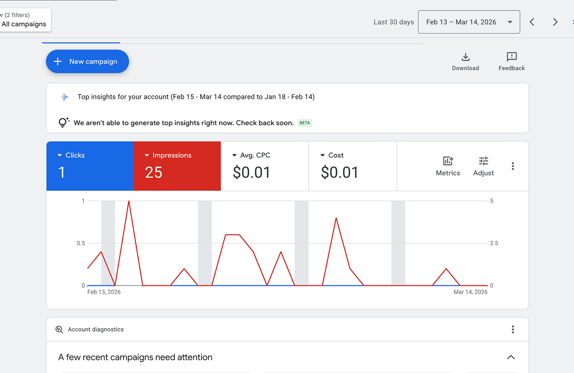 Google Ad Grant campaign overview showing active campaigns, impressions, clicks, and spend for a nonprofit account