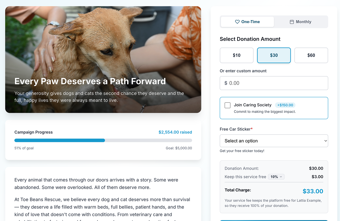 Lattia donation page showing pre-selected donation amount button